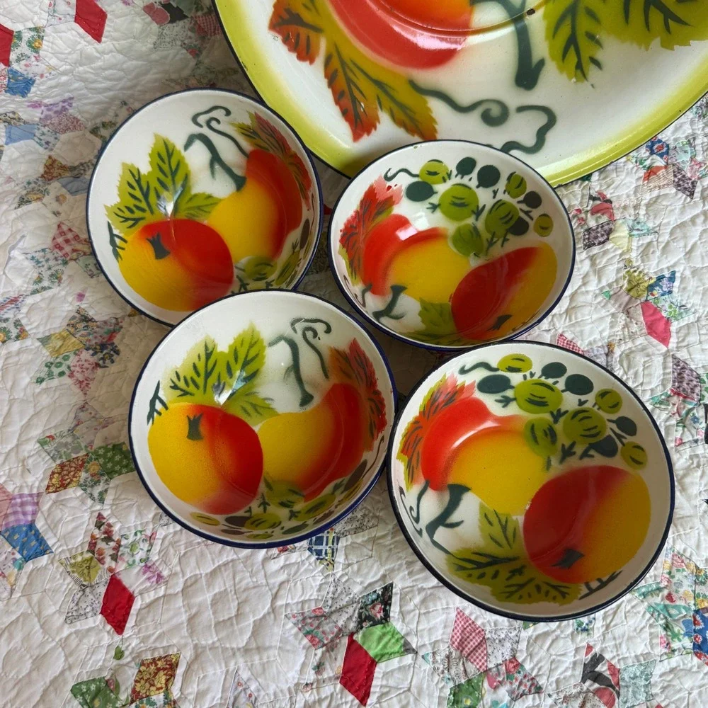 Vintage Enamelware Fruit Bowl Set 5pc Hand Painted Apple Grapes Basin & 4 Bowls